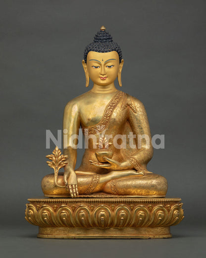 medicine buddha statue handcrafted in nepal with fire-gilded copper and lotus throne