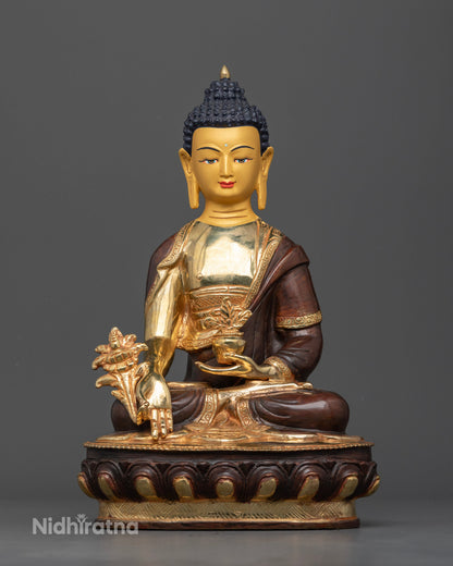 Medicine Buddha statue handcrafted Newari artist Patan Nepal copper partially gold fire gilded 24K gold painted face.