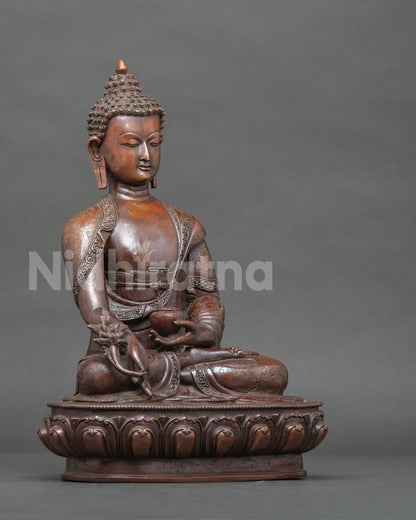Medicine Buddha statue healing nectar bowl hand carved lotus pedestal.