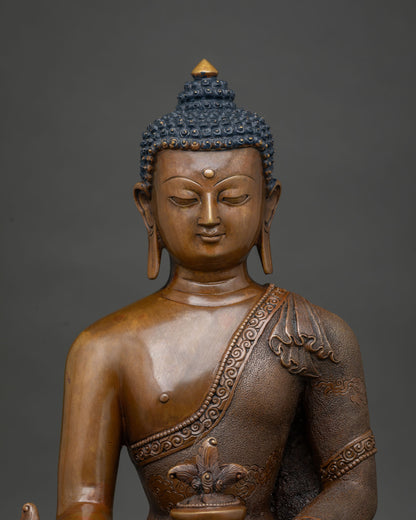 Medicine Buddha statue healing nectar bowl myrobalan plant close up.