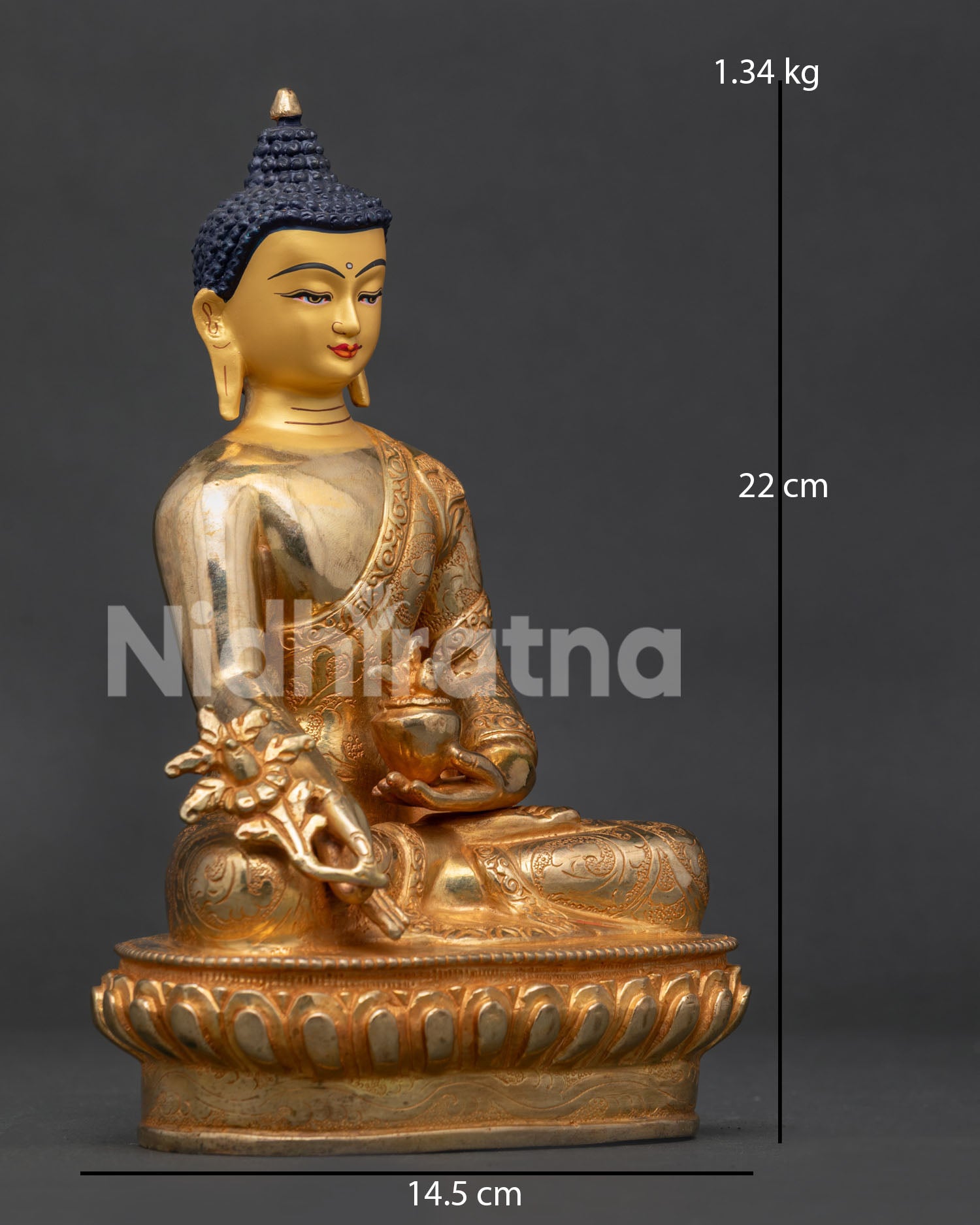 Medicine Buddha Statue holding healing nectar bowl and Myrobalan plant on lotus pedestal
