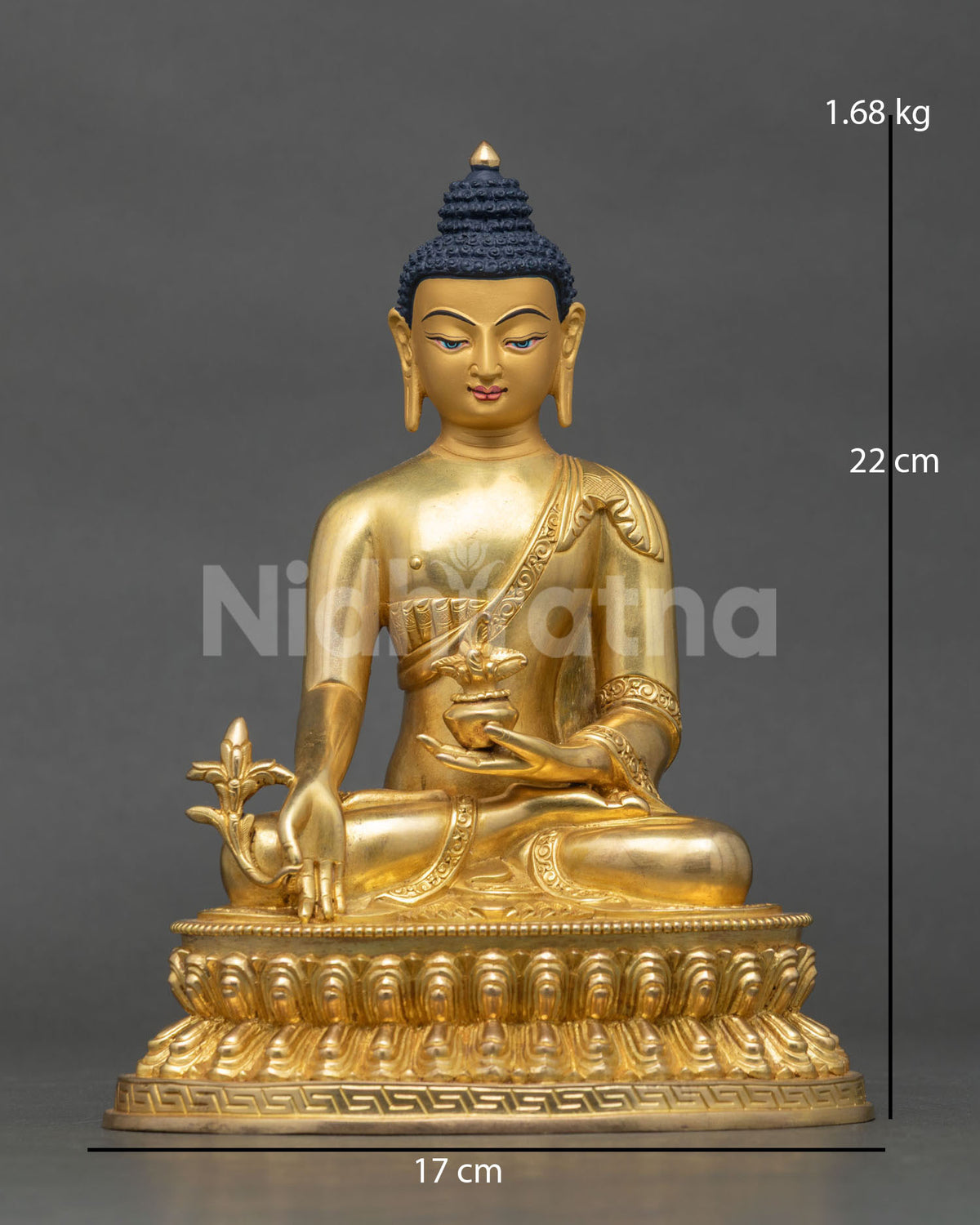 Medicine Buddha statue holding myrobalan plant and healing bowl.