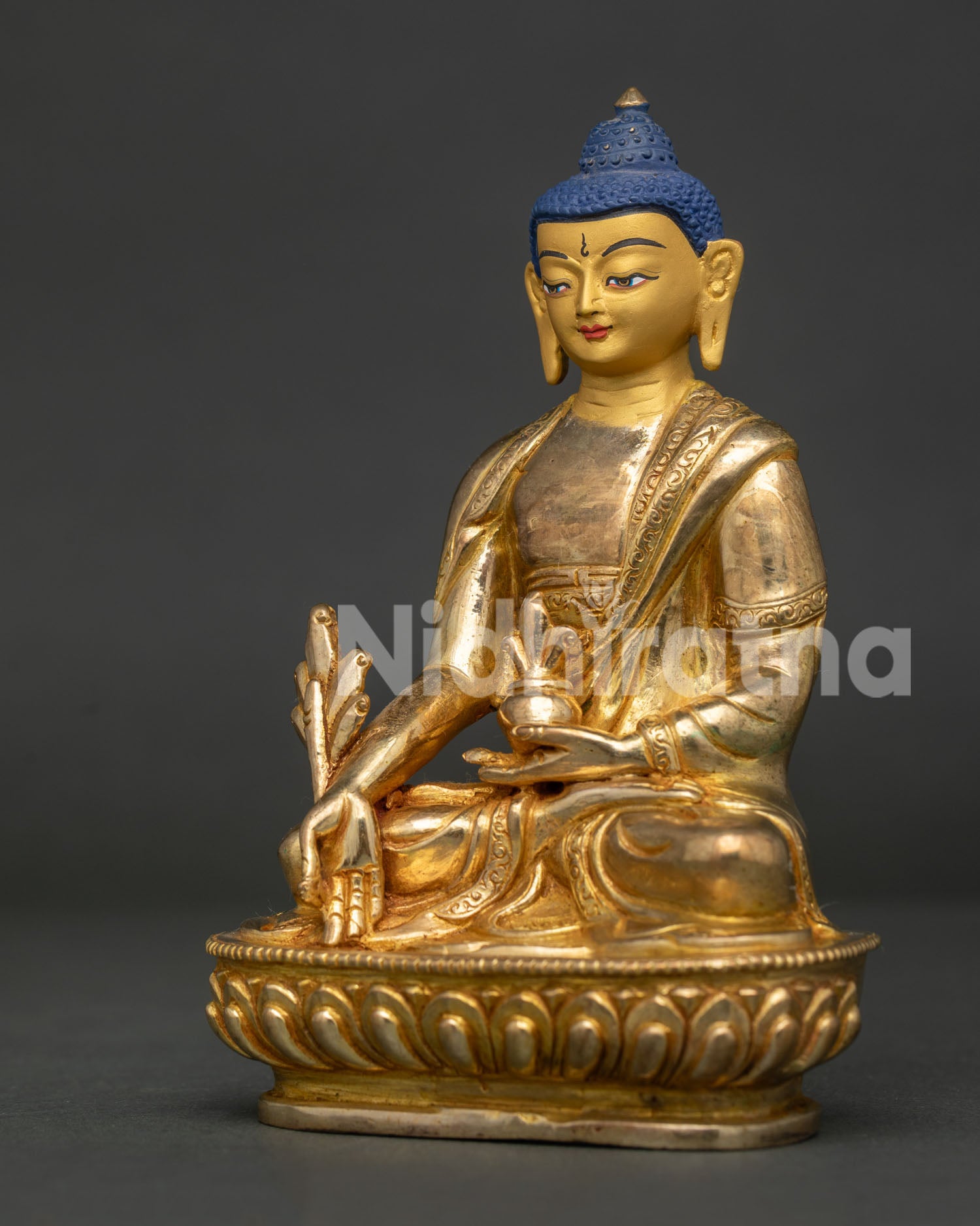 Medicine Buddha Statue Holding Myrobalan Plant with Hand Carved Robe Details.