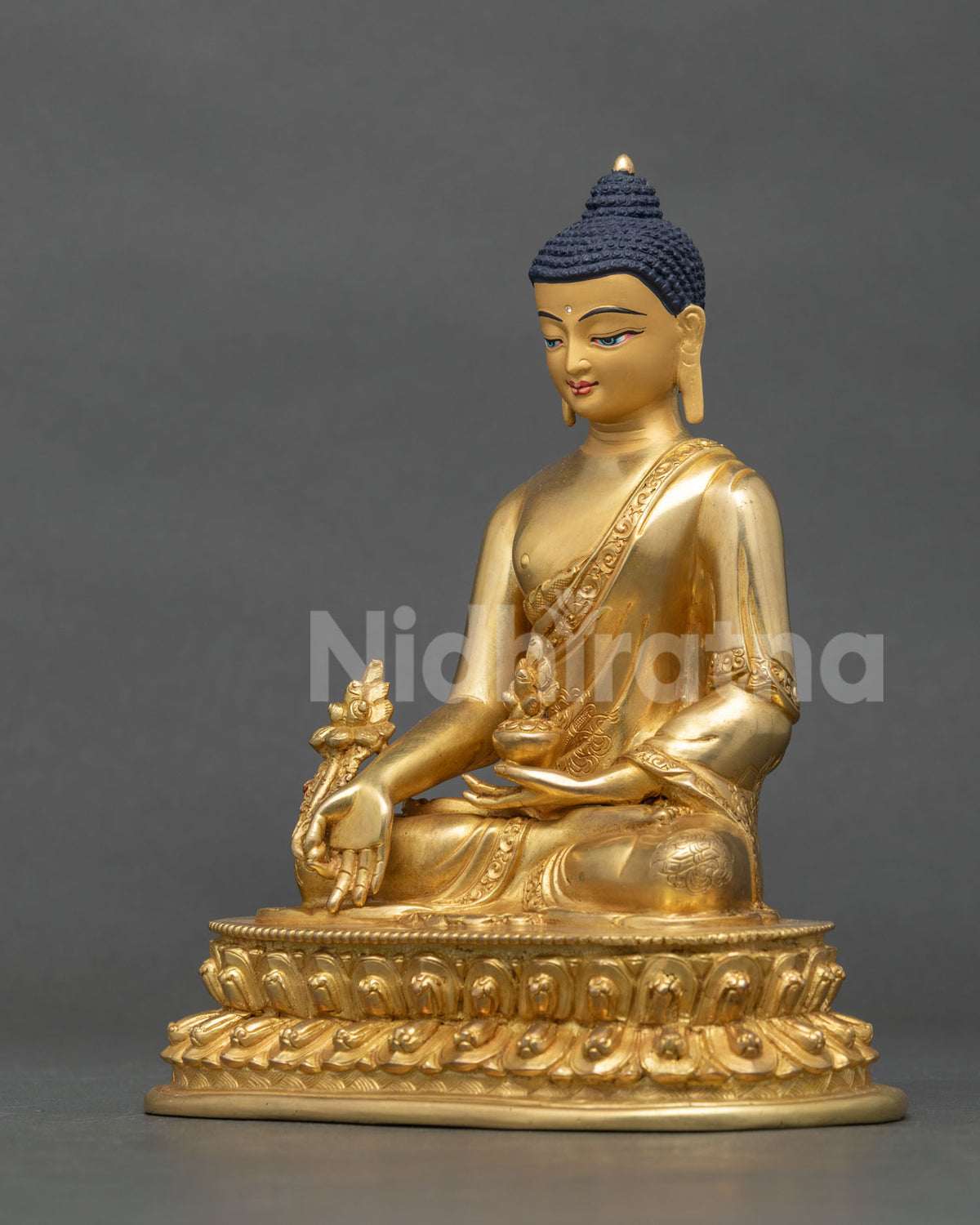 Medicine Buddha Statue left side view, handmade copper gold gilded sculpture