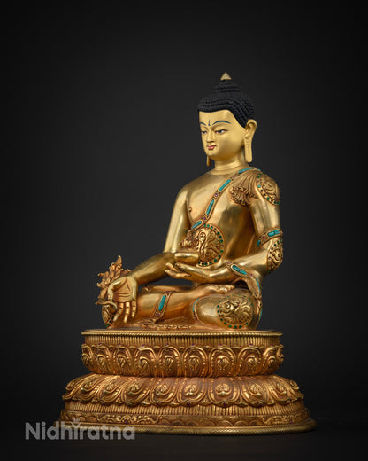 Medicine Buddha statue left side view, healing bowl and myrobalan plant in hand