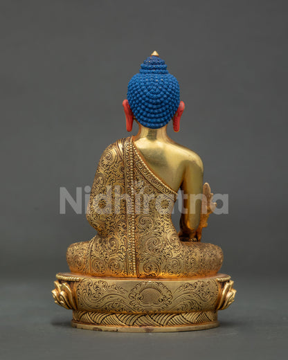 Medicine buddha statue lotus pedestal gold gilded nepalese art.