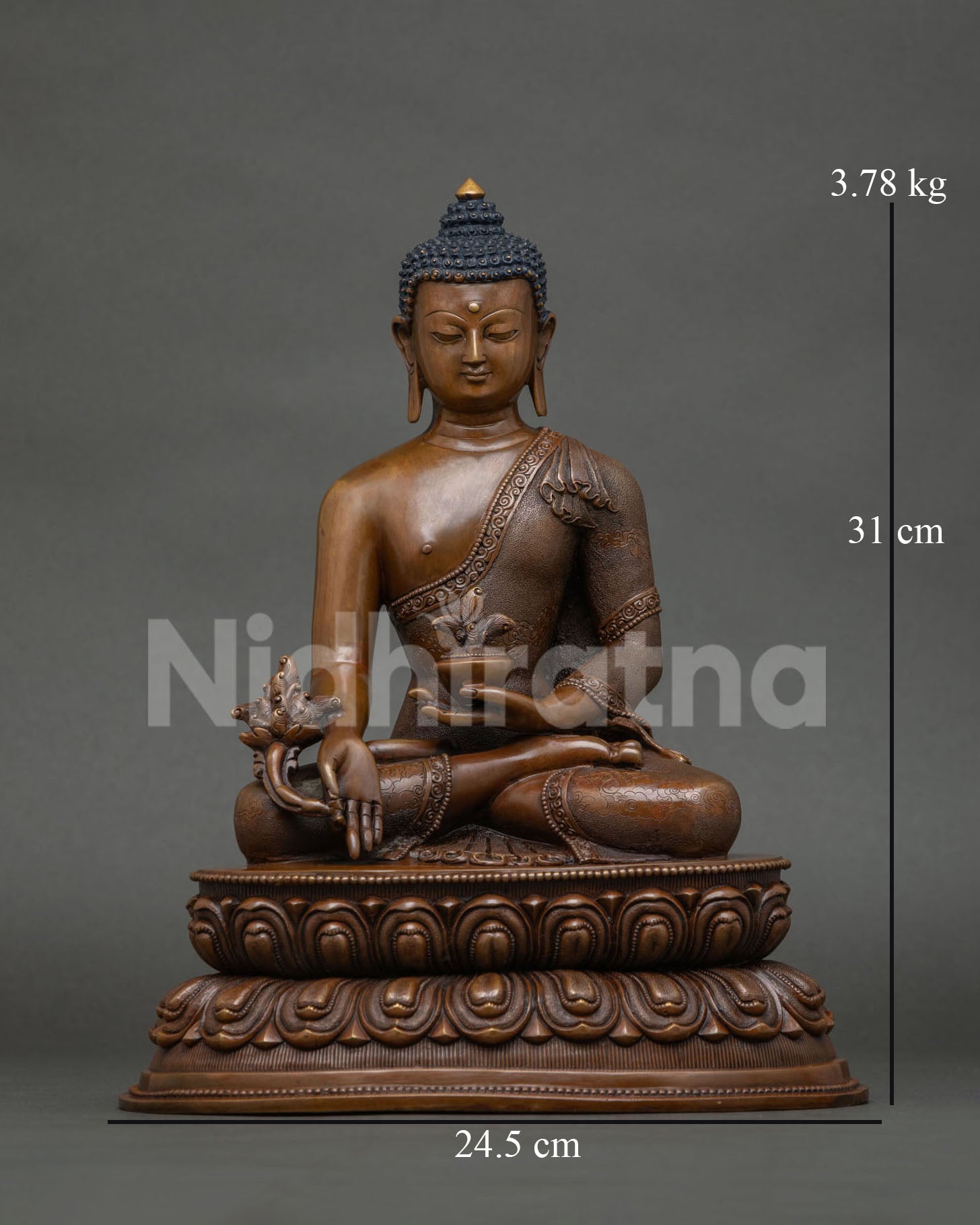 Medicine Buddha statue nepal copper oxidized finish front view.