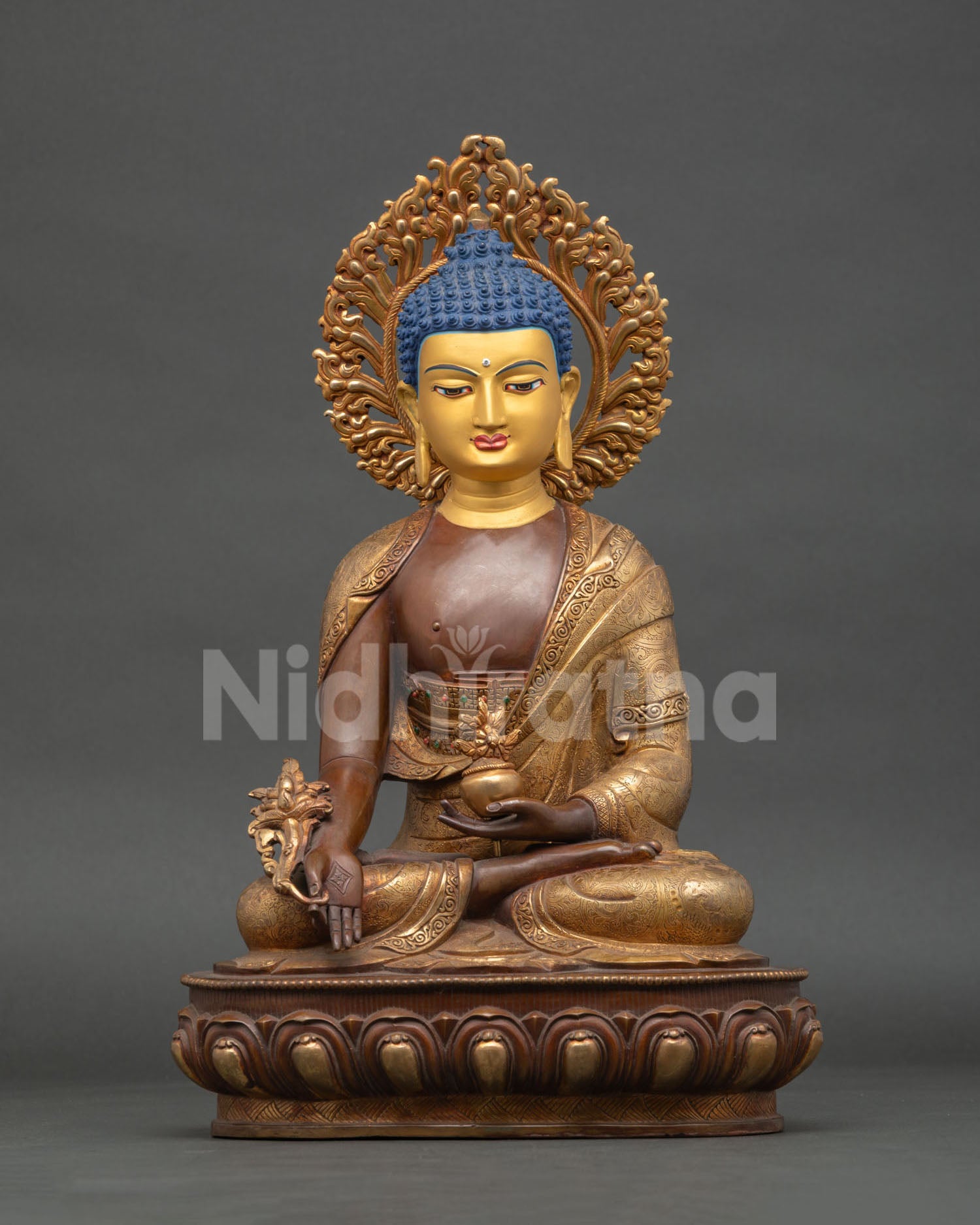 medicine buddha statue oxidized copper nepal healing bowl lotus throne