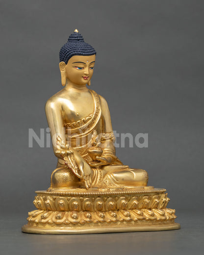 Medicine Buddha Statue right side view, handmade copper gold gilded sculpture