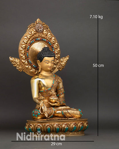 Medicine Buddha statue right side view, traditional Tibetan healing Buddha sculpture in copper with gilded accents