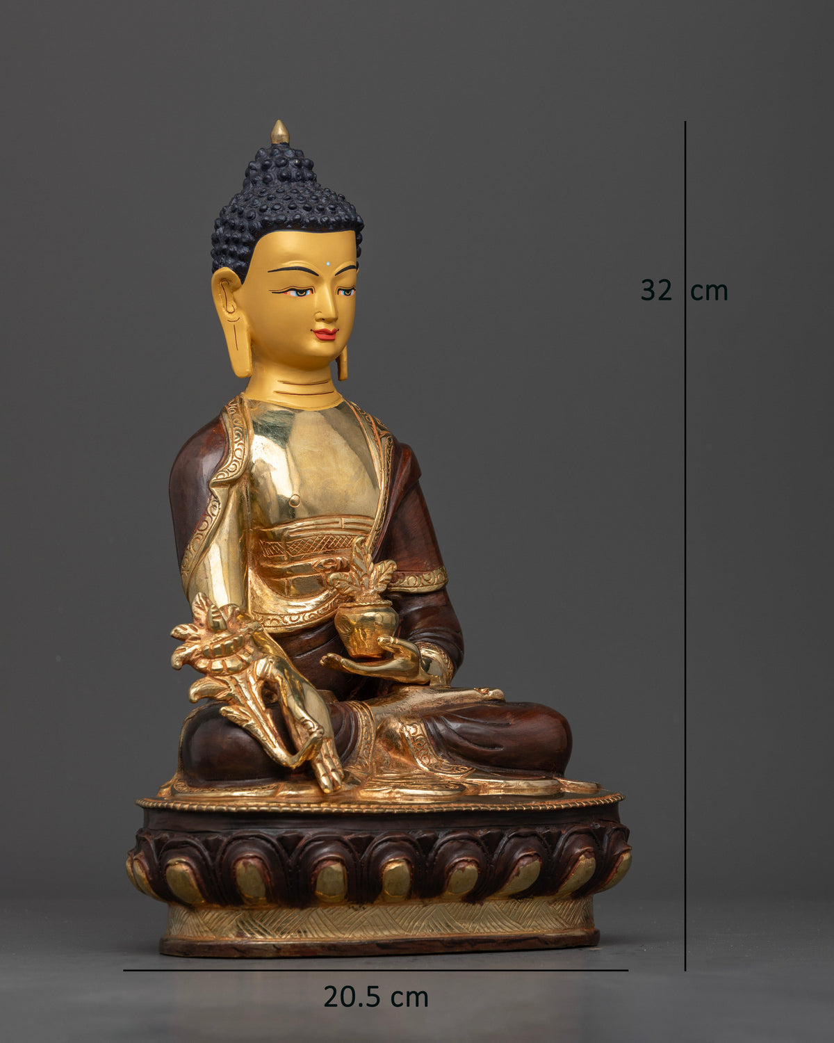 Medicine Buddha statue right view healing nectar bowl medicinal myrobalan plant lotus pedestal.