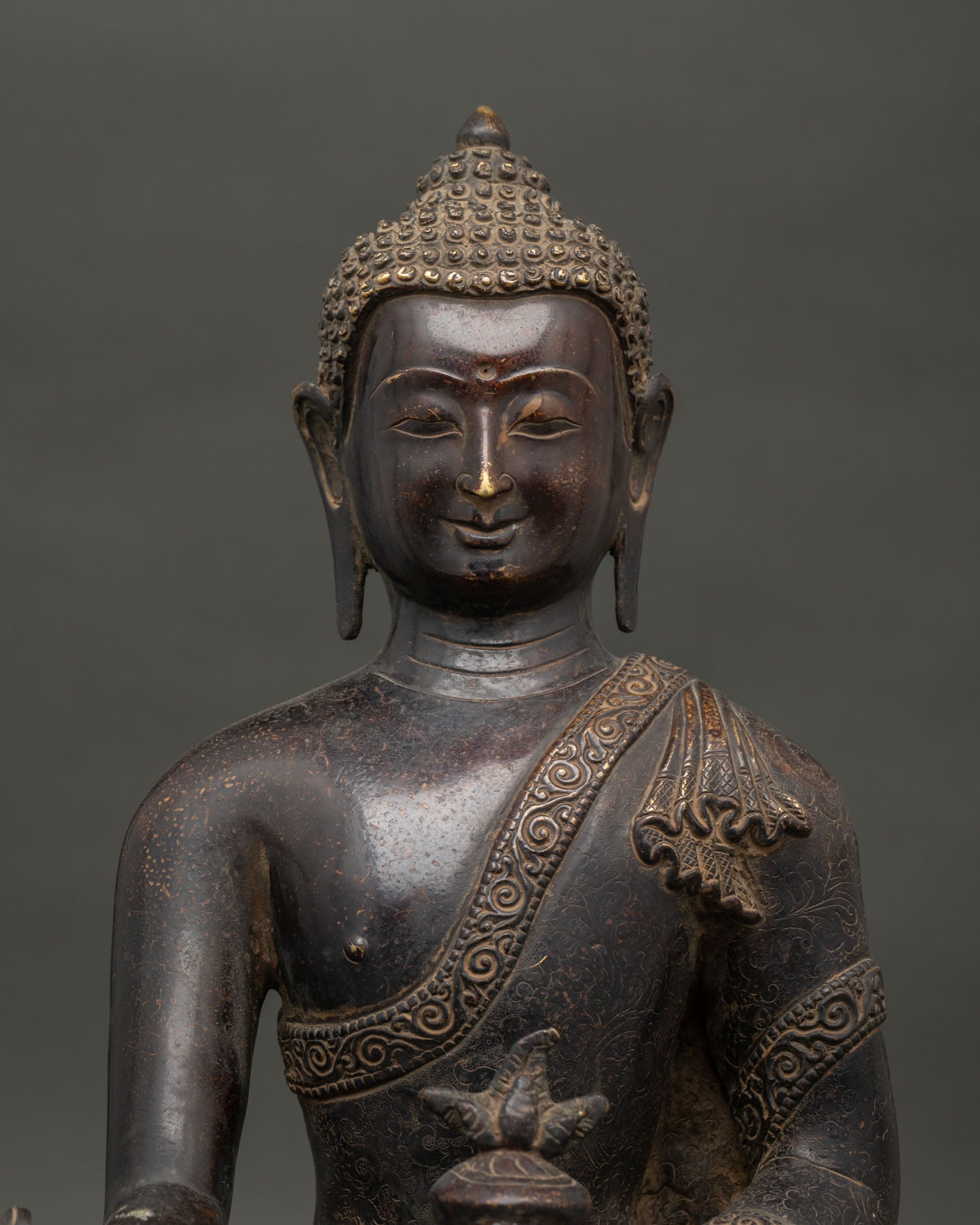 Medicine Buddha statue serene face and hand carved monk robe detail.