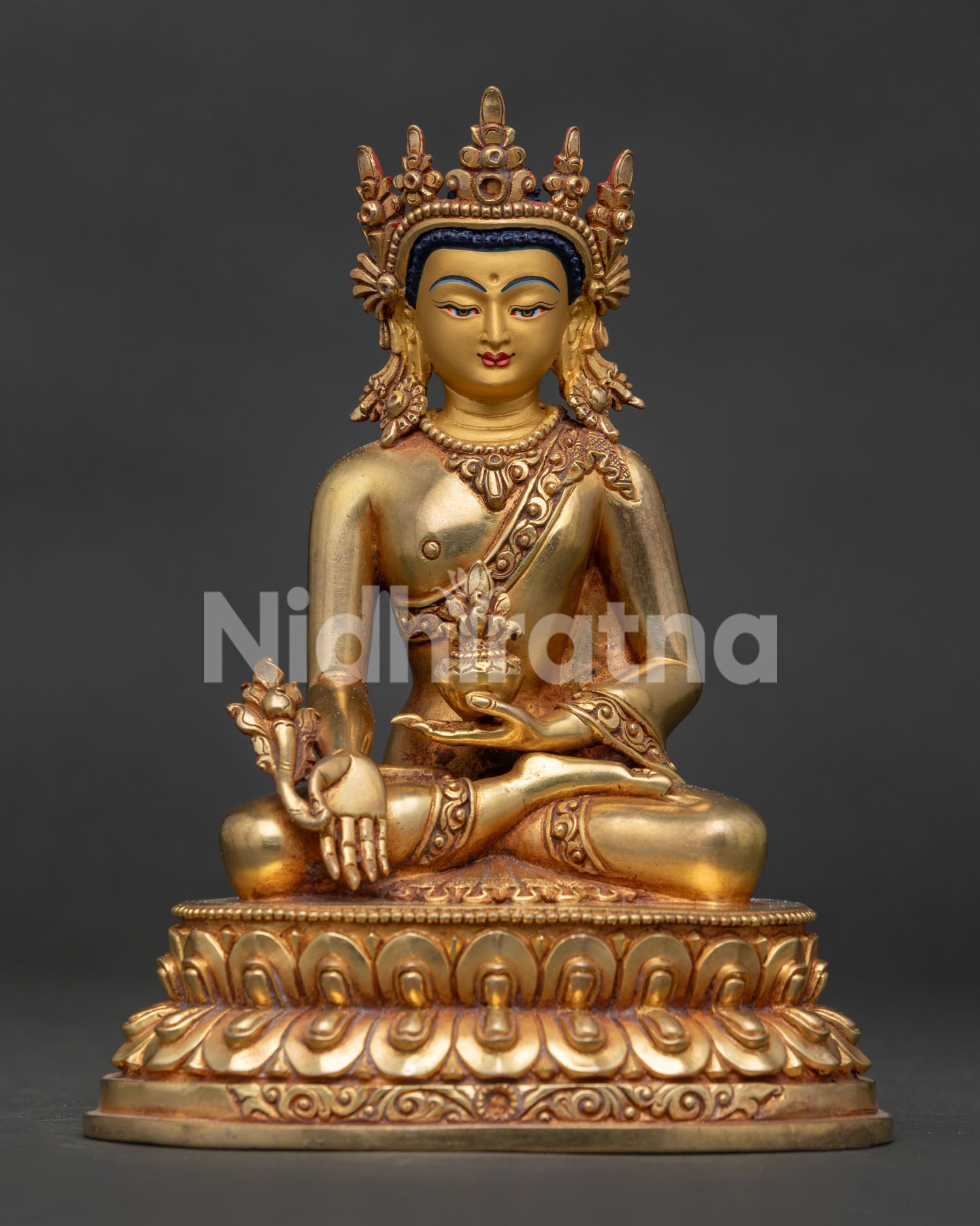 Medicine Buddha Statue with 24K Gold Fire Gilding and Gold Painted Face from Nepal