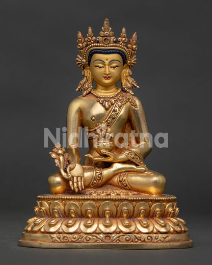 Medicine Buddha Statue with 24K Gold Fire Gilding and Gold Painted Face from Nepal