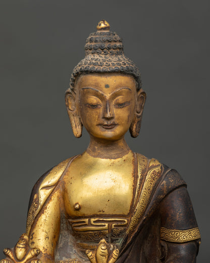 Medicine Buddha Statue with Gold Fire Gilded Copper and Gold Painted Face.