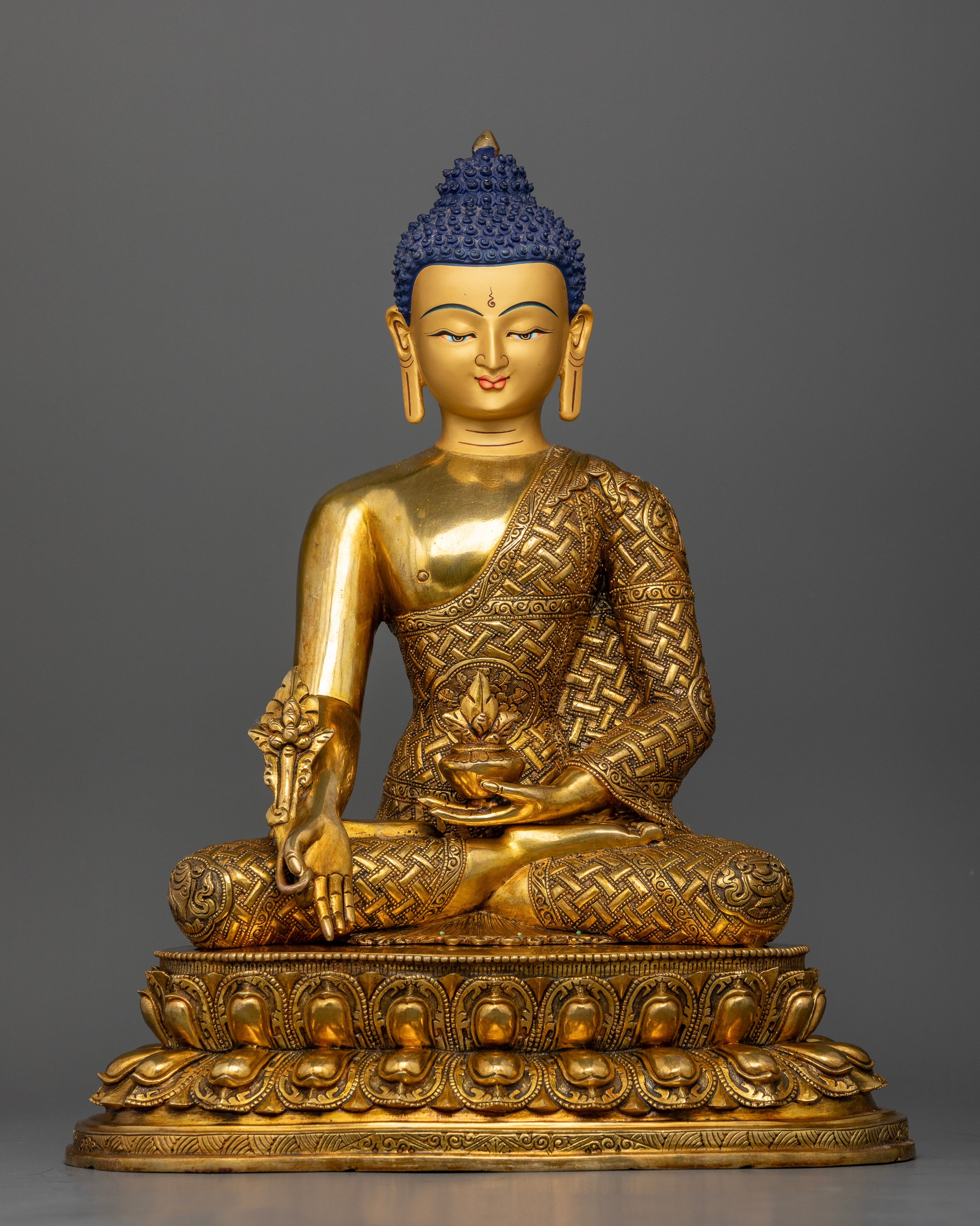 Medicine Buddha Statue with Gold Fire Gilded Copper Finish and Healing Symbolism from Nepal