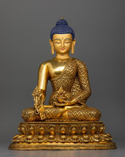 Medicine Buddha Statue with Gold Fire Gilded Copper Finish and Healing Symbolism from Nepal