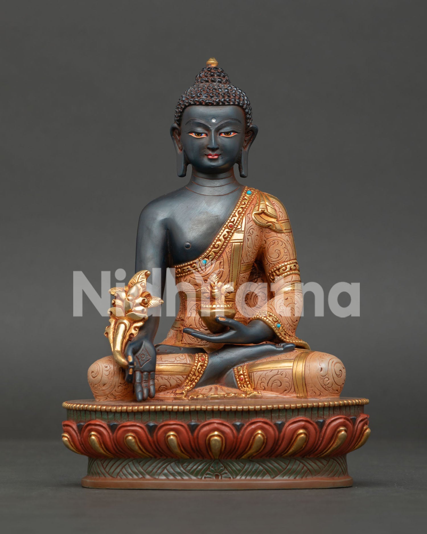 Medicine Buddha Statue with Hand Painted Acrylic Details and Gold Gilded Details from Nepal