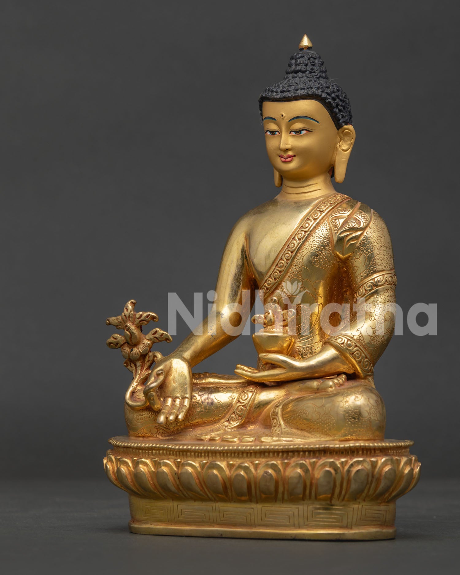 Medicine Buddha Statue with Myrobalan Plant and Hand Carved Robe Details.