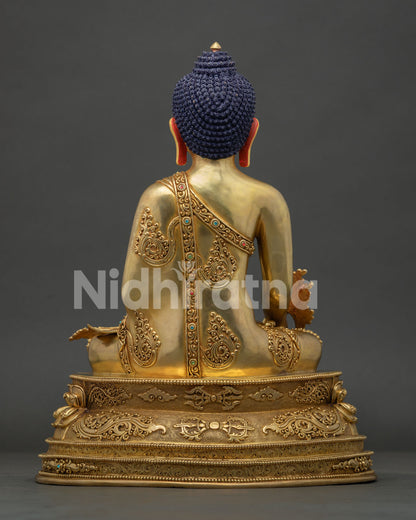Medicine Buddha Statue with Vajra Engraved Robes and Himalayan Craftsmanship