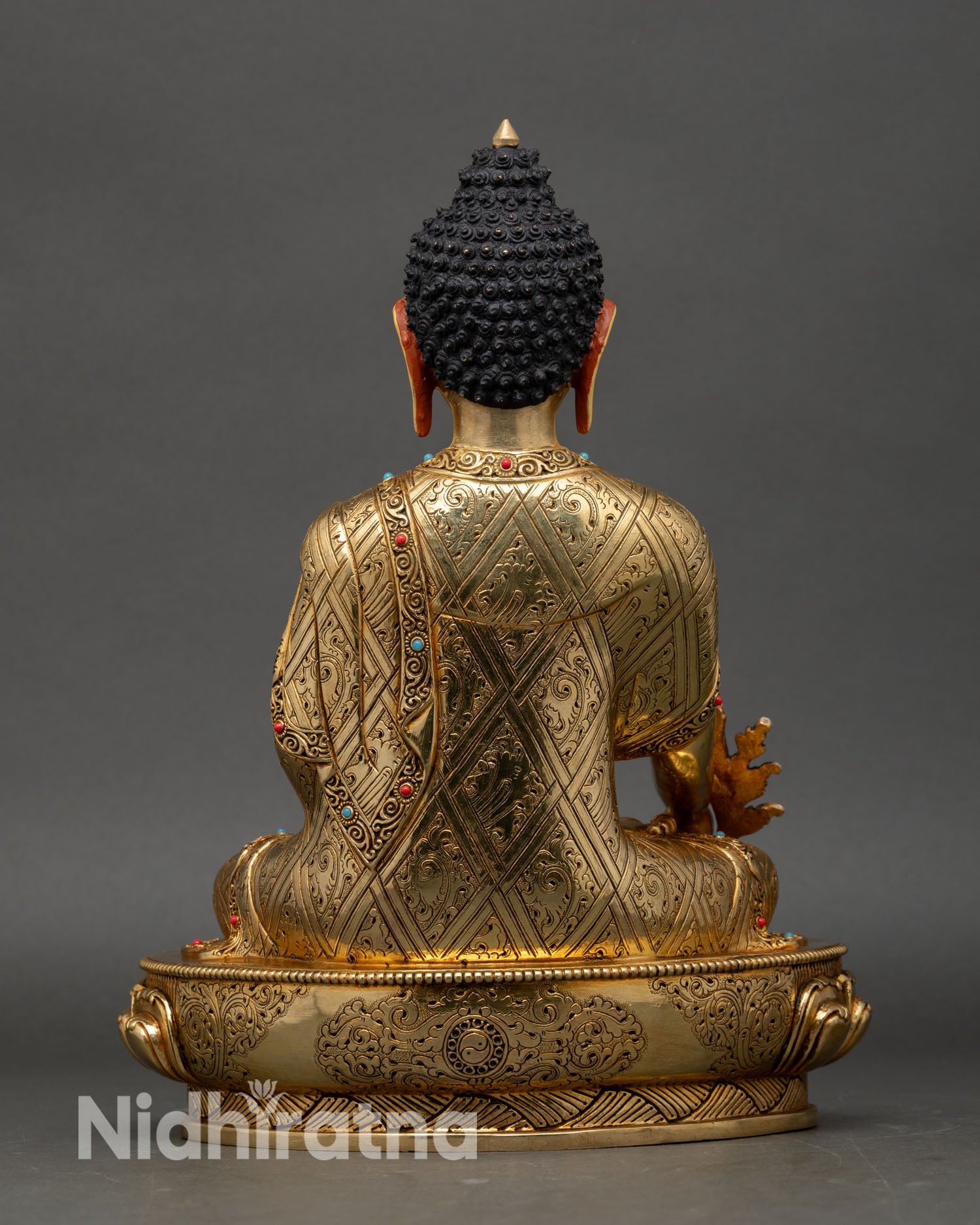 Medicine Buddha back view, detailed copper engraving, gold fire gilded finish, sacred Nepalese Buddhist craftsmanship