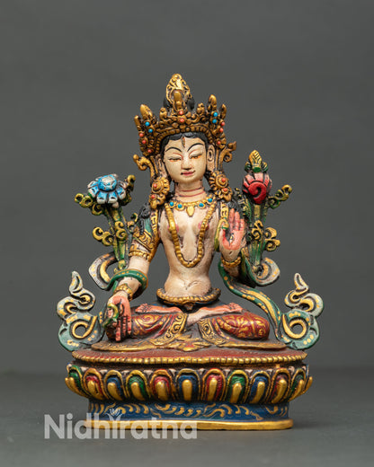 mini white tara statue front view with seven eyes and semi-precious stone details