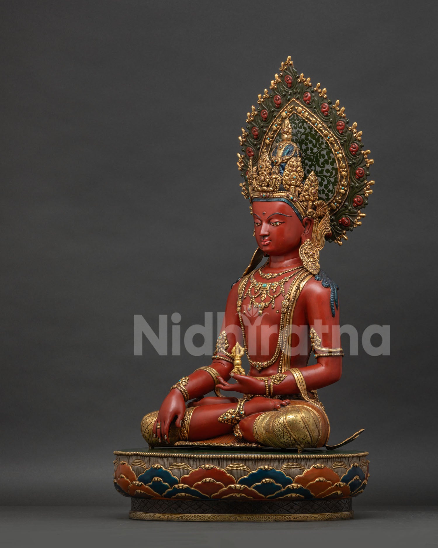 Mitrugpa Buddha left view side with intricate ornaments and handcrafted copper details