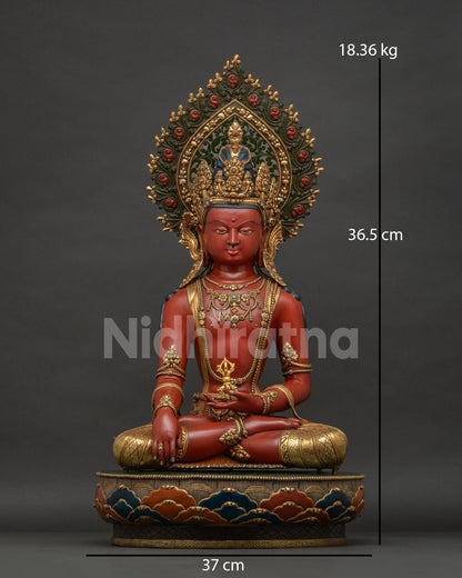 Mitrugpa Buddha statue from Nepal front view with 24K gold gilding and gemstone details