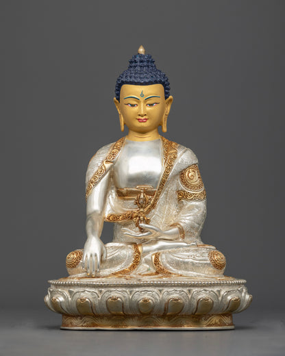 Mitrugpa Buddha Statue handcrafted in Nepal with gold gilding, silver-plated details, and gold-painted face