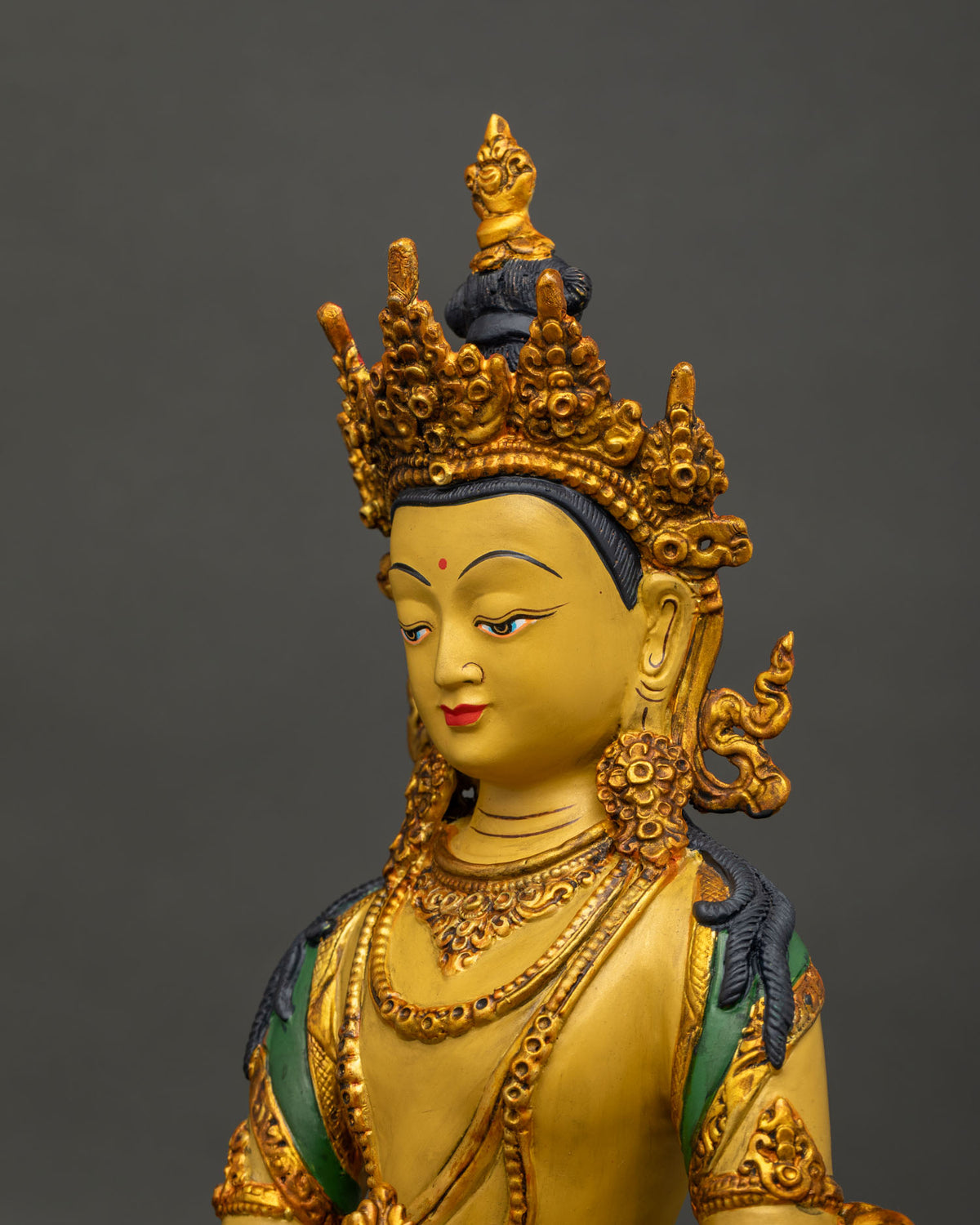 Mitrugpa Statue Five Jewel Crown Lotus Pedestal Bhumisparsha Mudra Vajrayana Buddhism.