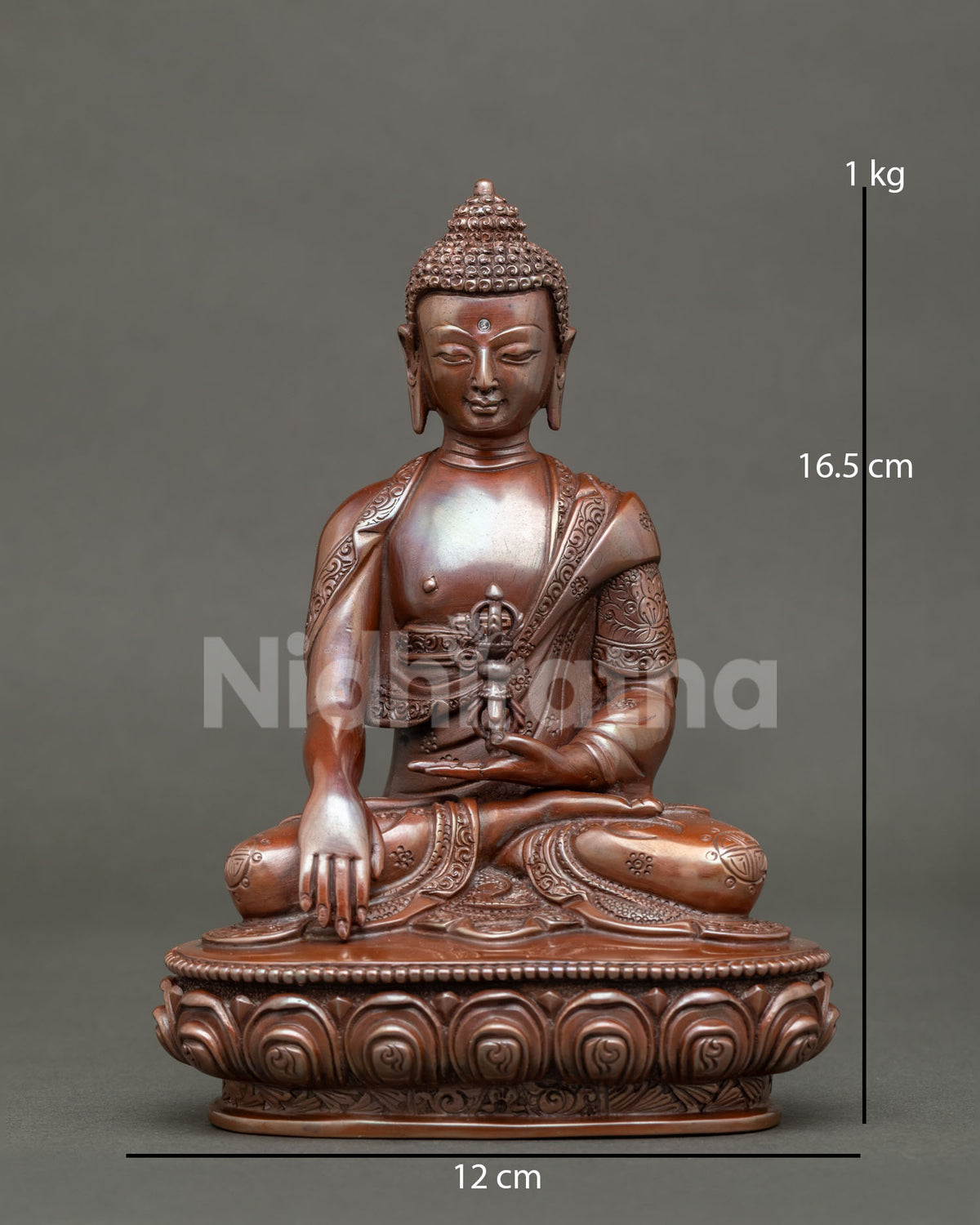Mitrugpa statue handcrafted by newari artists from patan nepal with chemically oxidized copper finish.