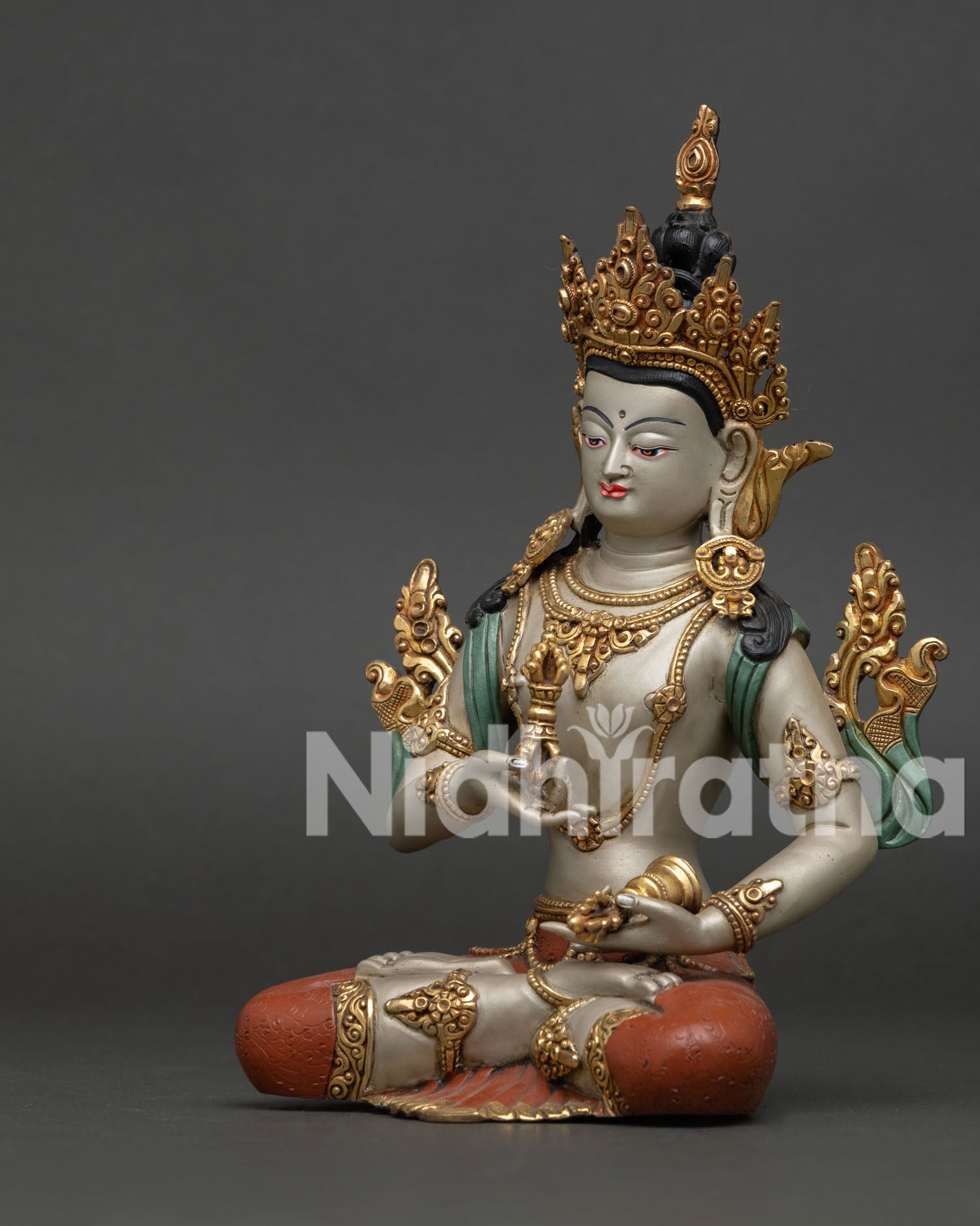 Multicolor Vajrasattva Statue left side view with intricate Newari artisan carving