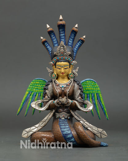 Naga Kanya statue front view copper serpent goddess five cobra heads gold face Nepal art