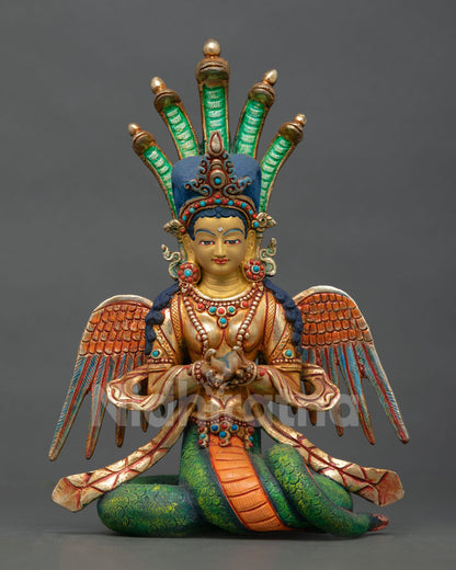 naga kanya statue front view, handcrafted nepalese serpent goddess sculpture in copper using lost wax technique, multicolour finish