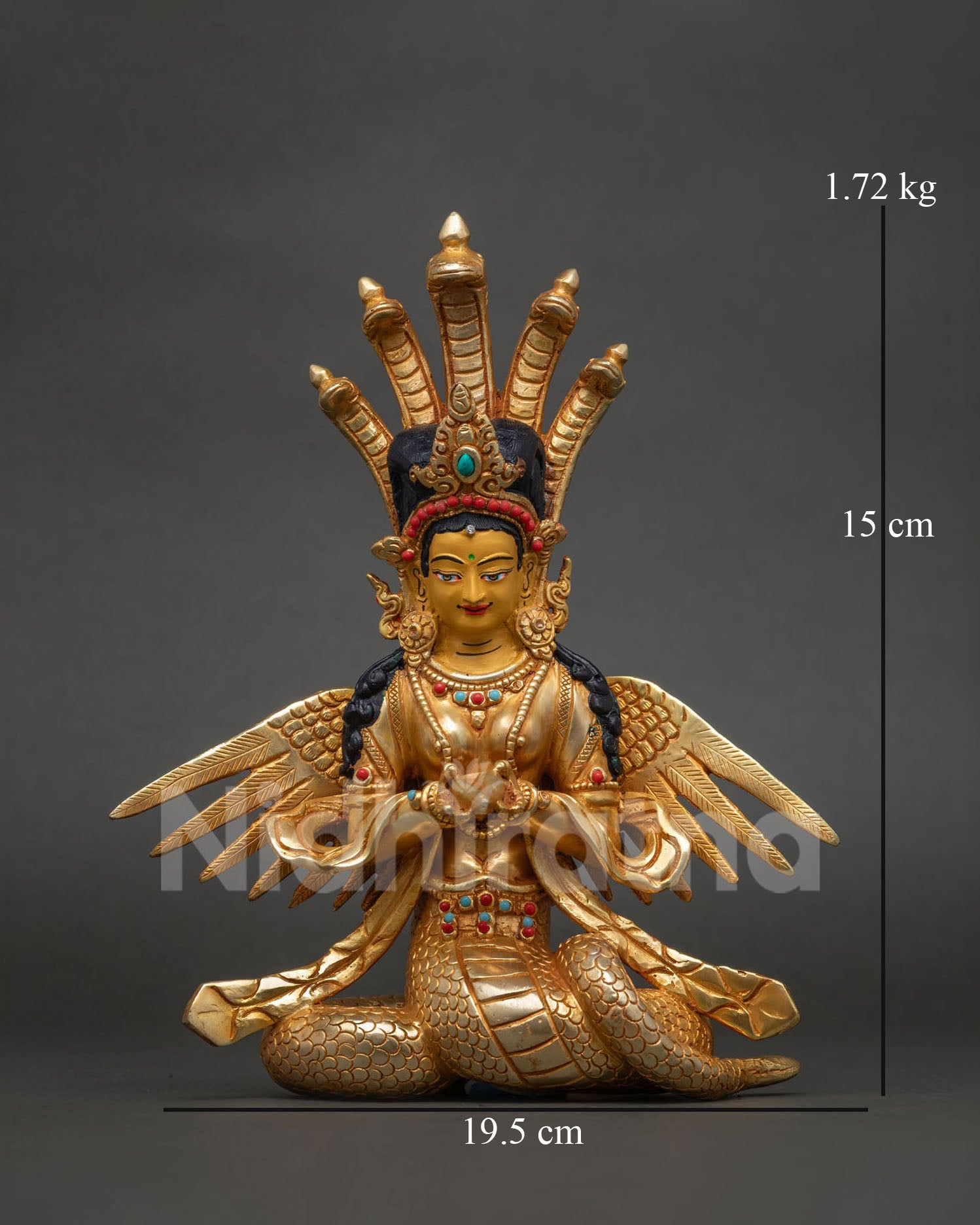 Naga Kanya statue in gold fire gilded copper with multi-headed cobra hood.