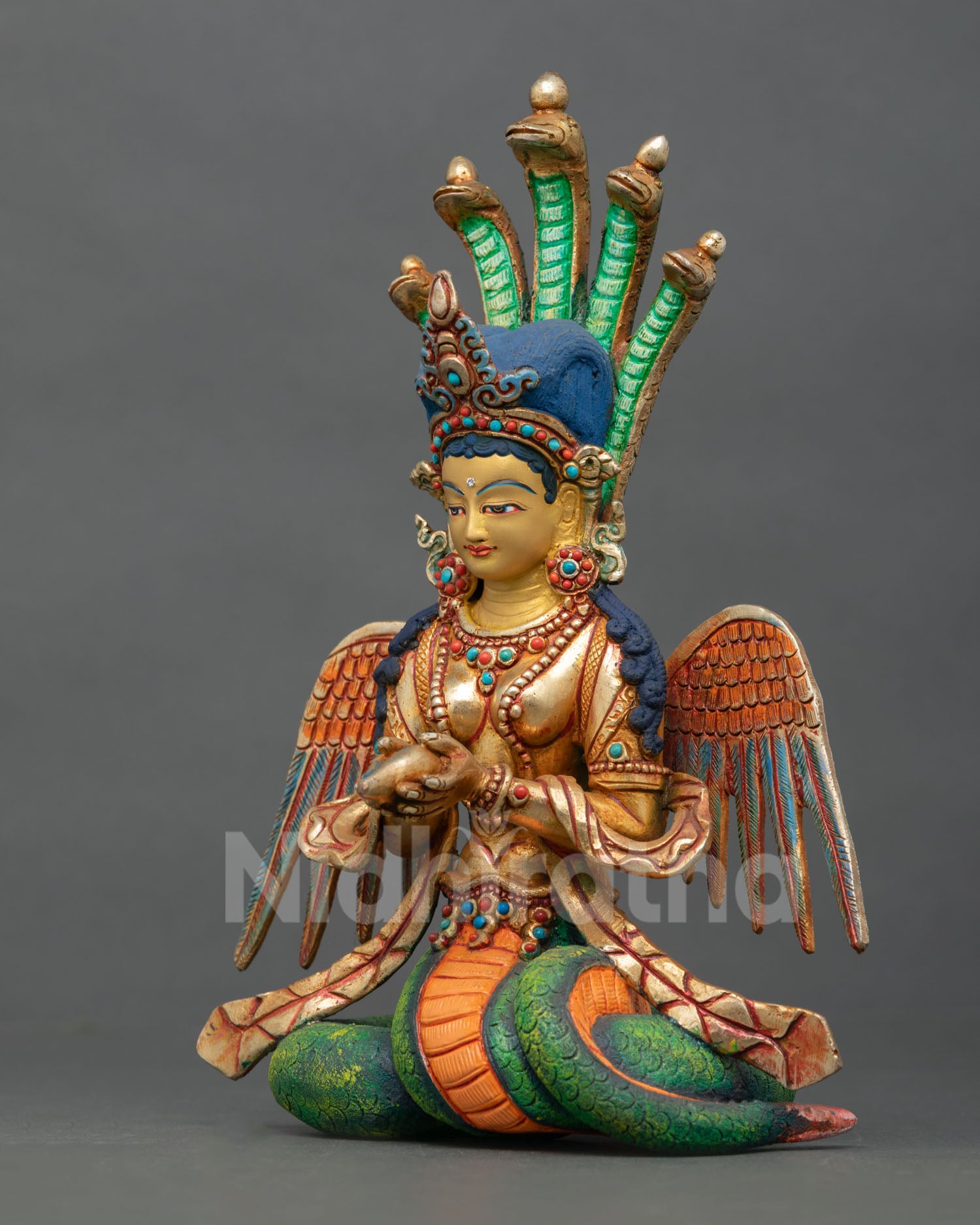 naga kanya statue left side view, coiled serpent form detailed in vibrant acrylic colours with lost wax copper structure
