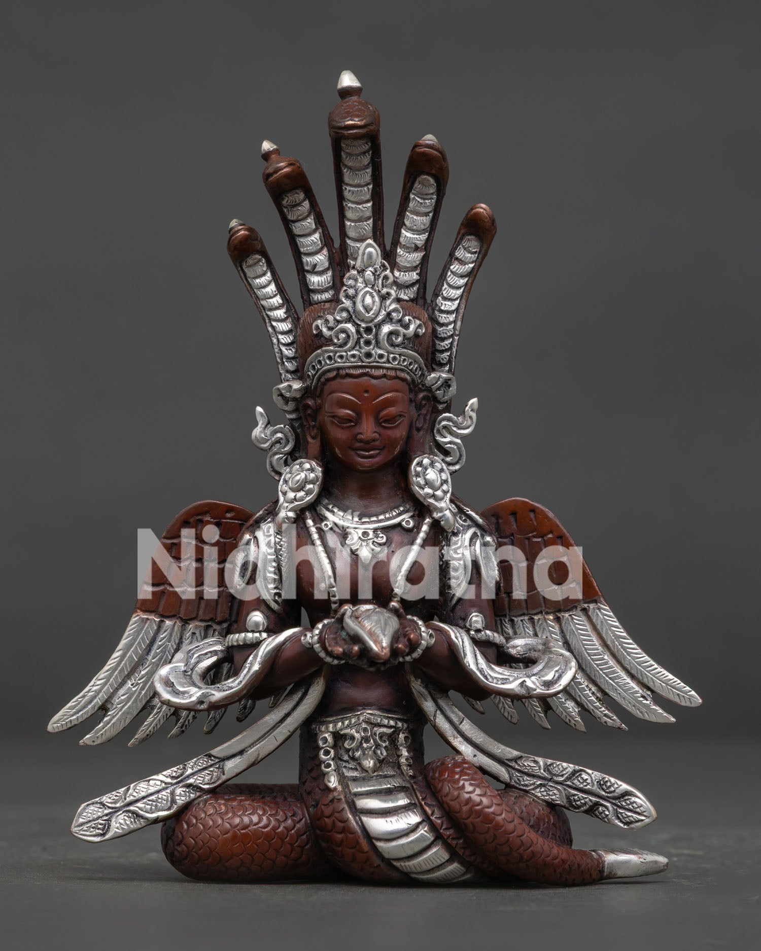 Naga Kanya statue with five cobra heads and silver plated details, made in Nepal