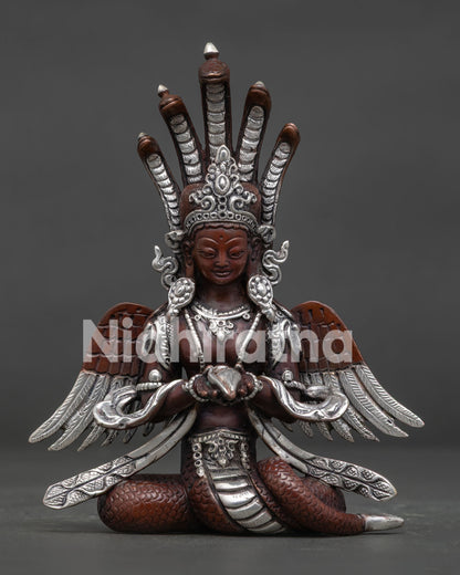 Naga Kanya statue with five cobra heads and silver plated details, made in Nepal