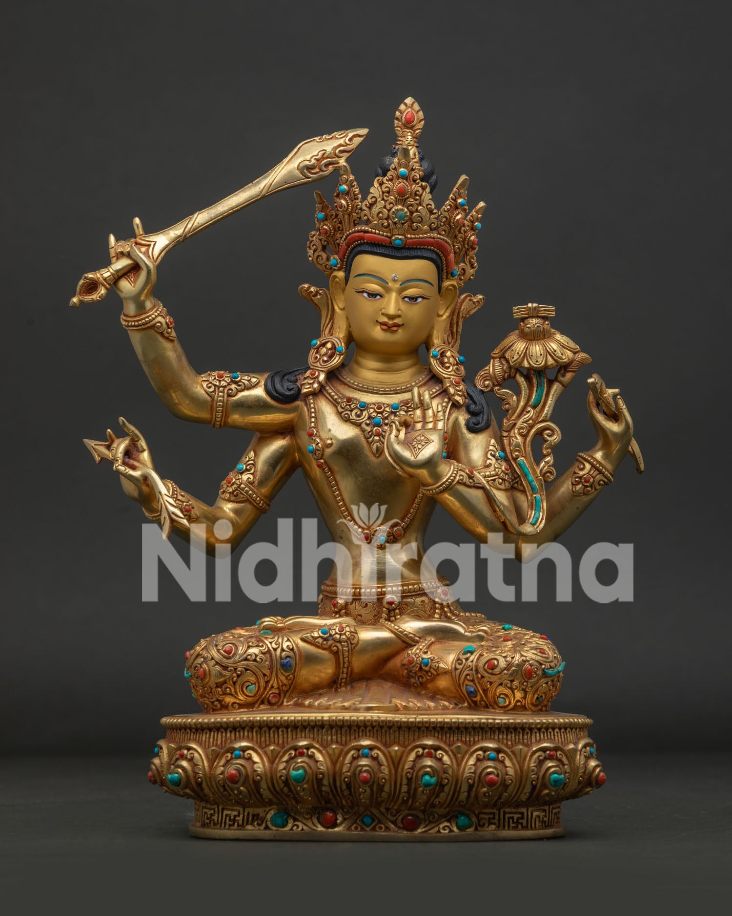 Namasangiti Maha Manjushri Statue handcrafted in Nepal with 24K gold fire-gilded copper