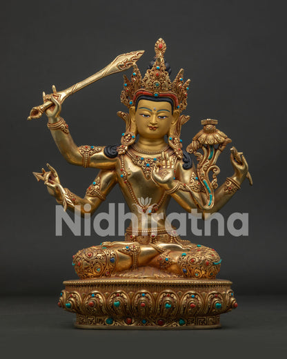 Namasangiti Maha Manjushri Statue handcrafted in Nepal with 24K gold fire-gilded copper