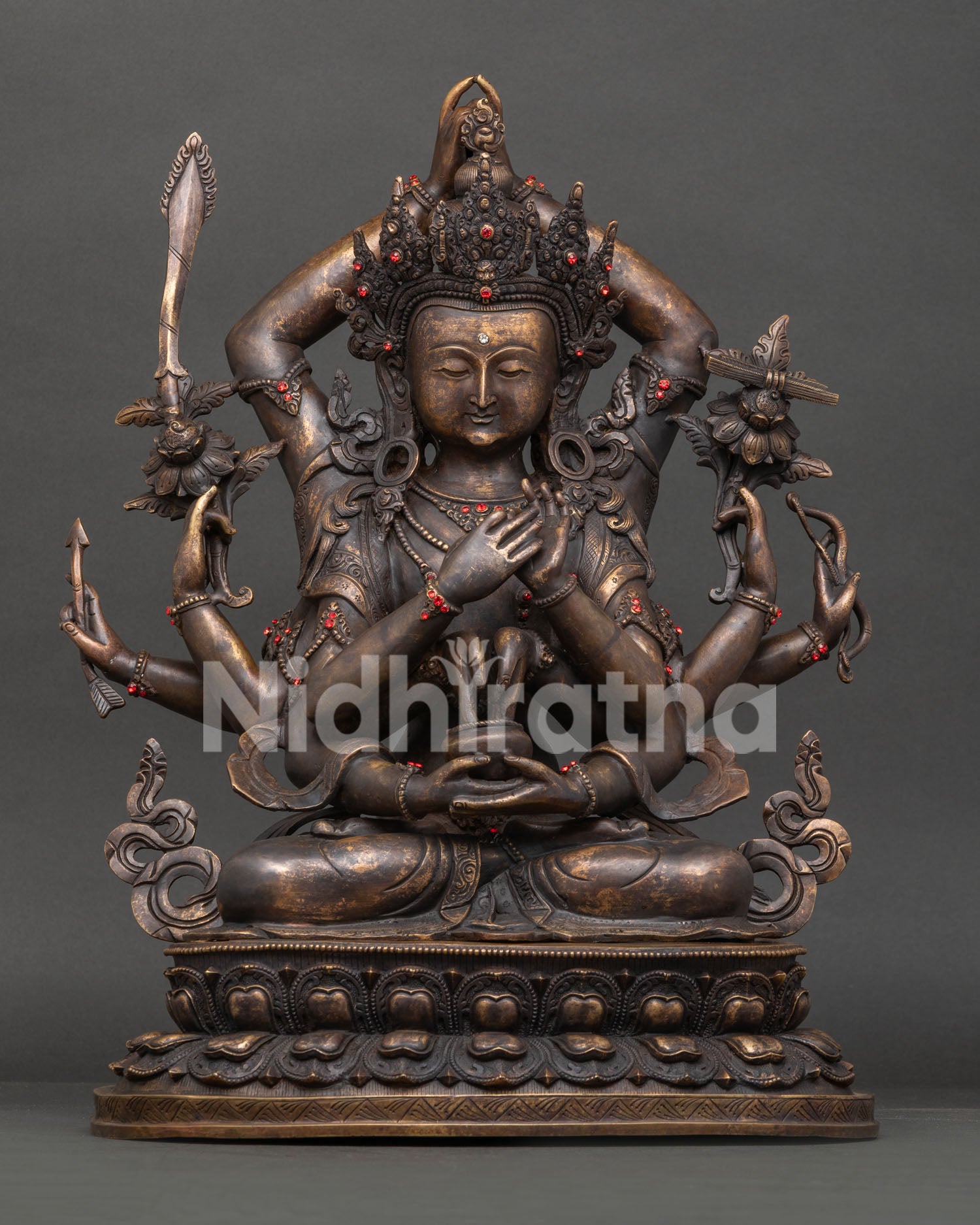Namasangiti statue, handcrafted copper with antique finish and ruby gemstones from Nepal