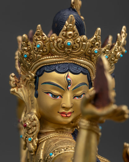 Namgyalma semi wrathful face close up featuring sacred Buddhist symbolism gold painted face and Newari artistry.