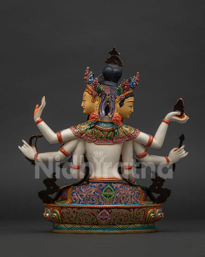 Namgyalma statue back view, copper Buddhist goddess on carved lotus throne