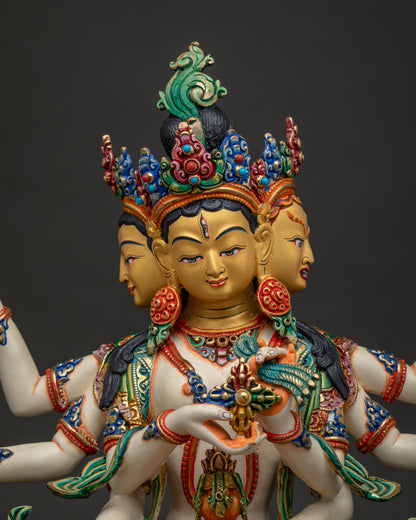 Namgyalma statue close-up, copper Buddhist goddess of longevity with ornate crown