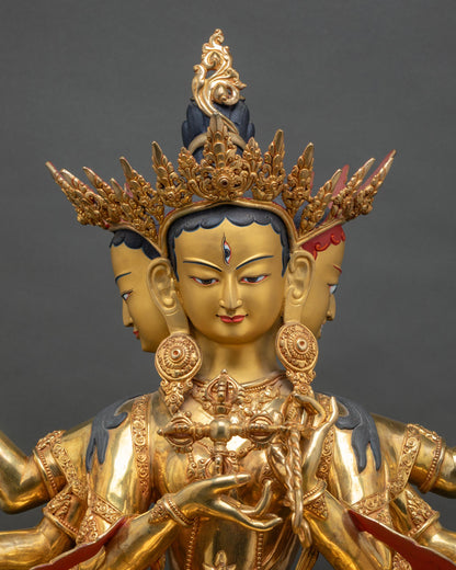 namgyalma-statue-close-up-three-faces-gold-painted-face-lost-wax-casting-nepal