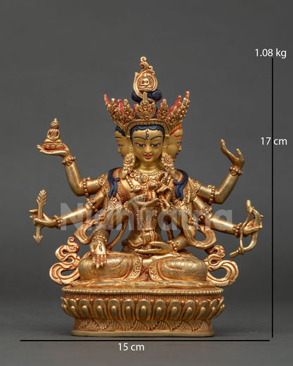 Namgyalma statue front view with 24k gold face and gold fire gilded copper sculpture.