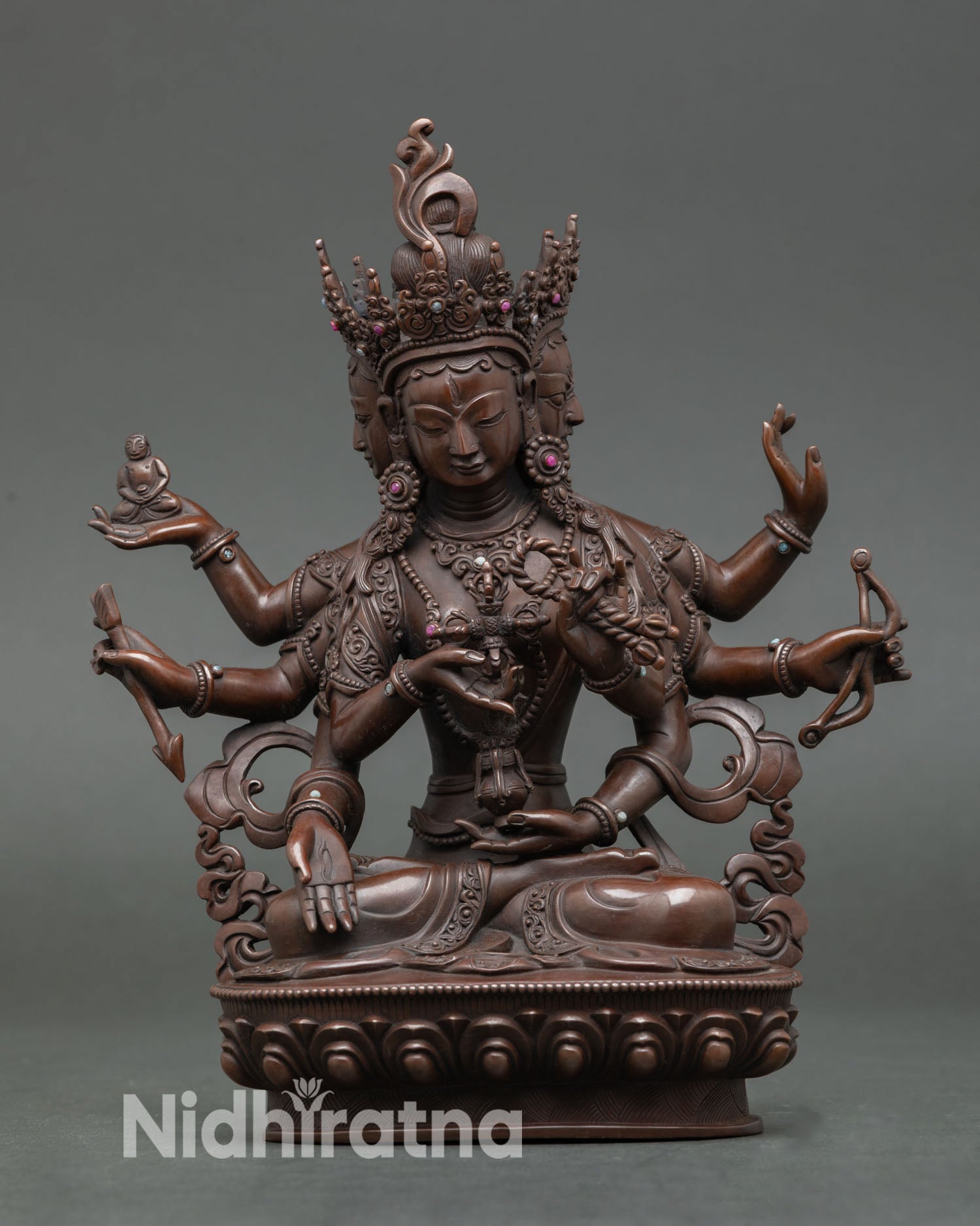 Namgyalma statue handcrafted in Nepal oxidized copper Buddhist goddess of longevity seated on lotus pedestal
