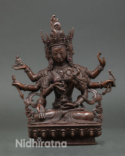 Namgyalma statue handcrafted in Nepal oxidized copper Buddhist goddess of longevity seated on lotus pedestal