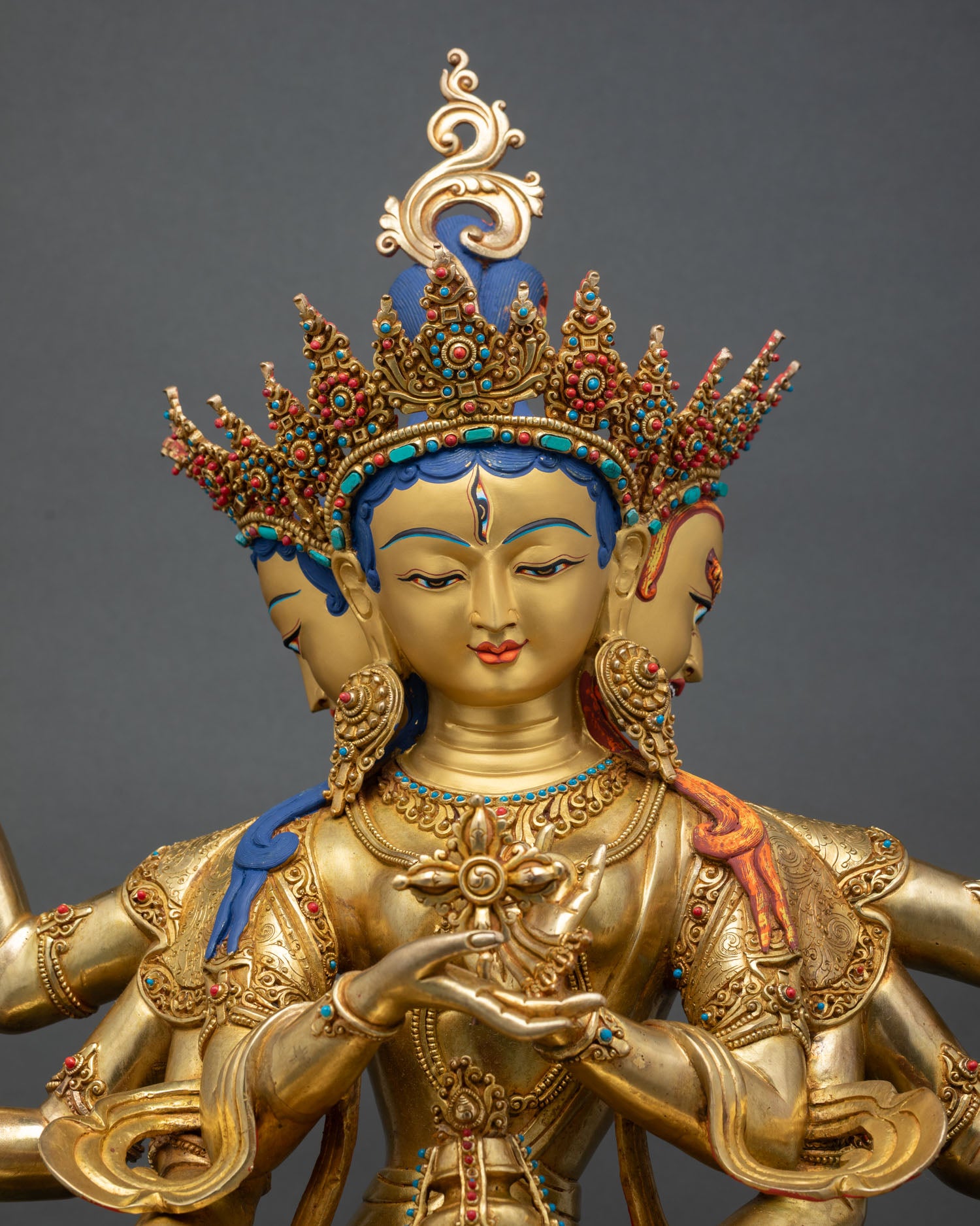 Regular close up of Namgyalma Statue showing handcrafted details, Ushnishavijaya Buddhist figurine with sacred ornament work
