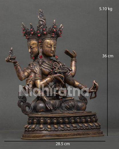 Namgyalma statue, three faced, eight armed Buddhist deity on double lotus pedestal Himalayan art